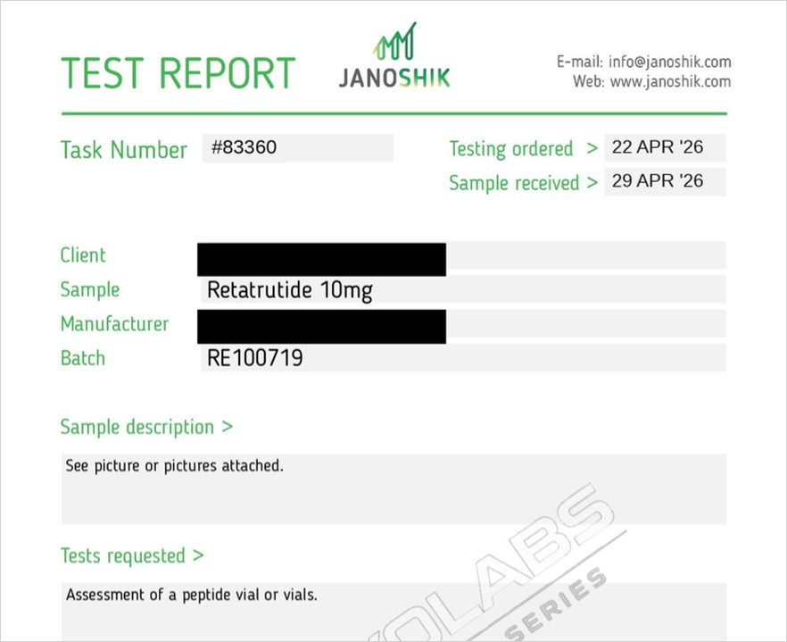 Janoshik test report for Retatrutide 10mg