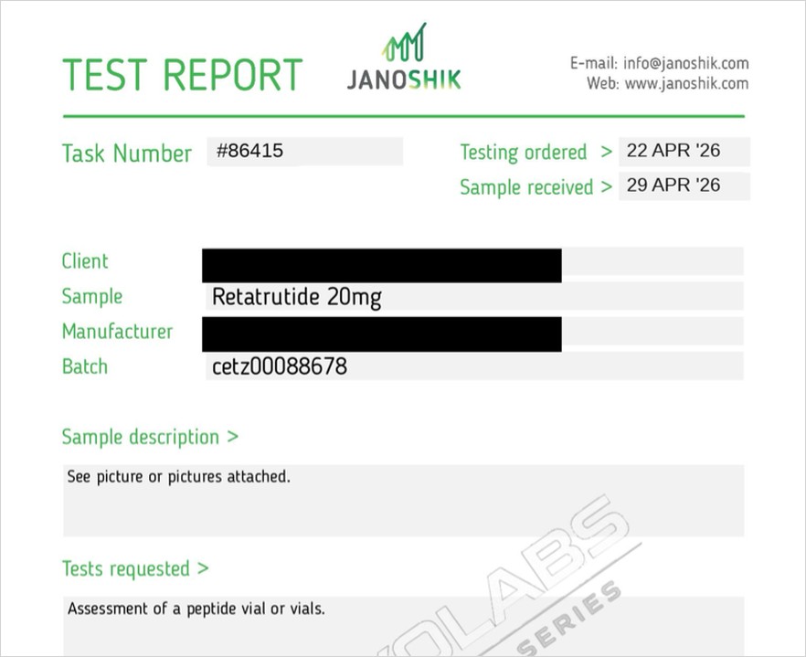 Janoshik test report for Retatrutide 20mg